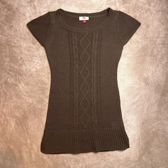 l.e.i. Brown Cable Knit Sweater Mini Dress Argyle Diamond Tunic Y2K Indie Sleaze - Picture 1 of 7